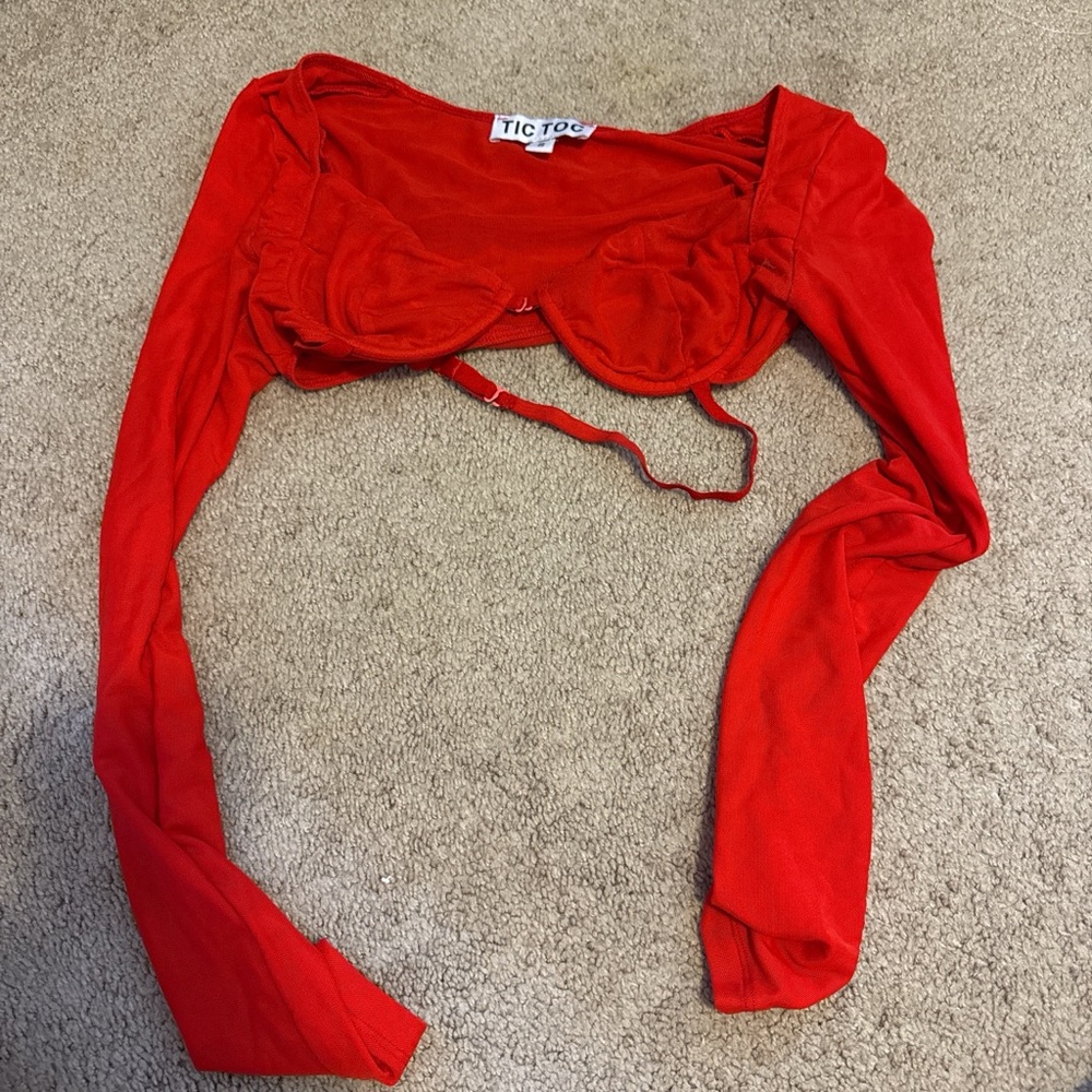 Red Long Sleeve Bustier Crop Top